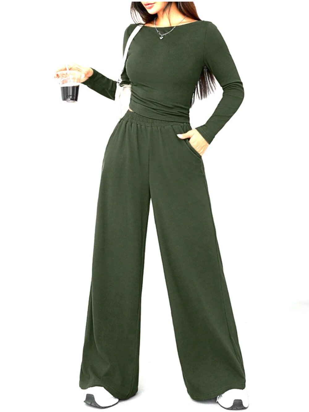 Petite Olive Green Two Piece Lounge Set Boat Neck Wide Leg Pants Large - Picture 2 of 5
